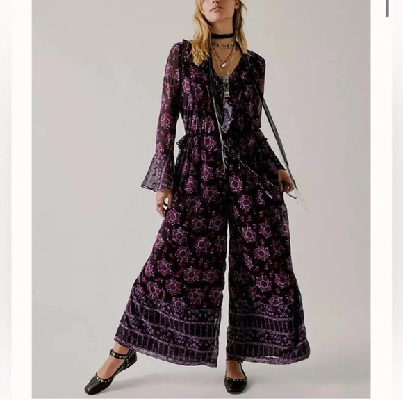 Free People x Anna Sui Cassiel Printed Jumpsuit Black Combo XS - Picture 3 of 7